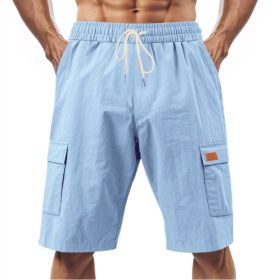 Loose Sports And Leisure Solid Color Linen Drawstring Shorts (Option: M-Light Blue with Label)