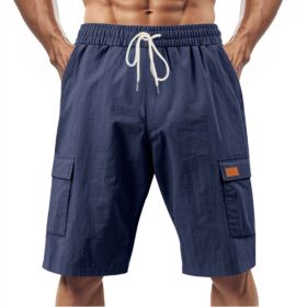 Loose Sports And Leisure Solid Color Linen Drawstring Shorts (Option: M-Dark Blue with Label)