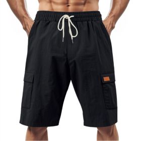 Loose Sports And Leisure Solid Color Linen Drawstring Shorts (Option: L-Black with Label)